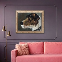 «Head of a Rough-Haired Terrier» в интерьере гостиной с розовым диваном