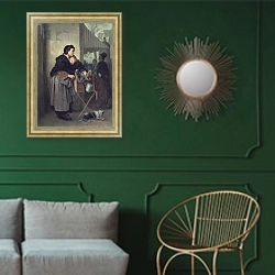 «Парижская шарманщица. 1864» в интерьере классической гостиной с зеленой стеной над диваном