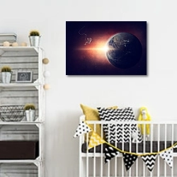 «Космонавт и земля на восходе » в интерьере детской комнаты для мальчика с желтыми деталями