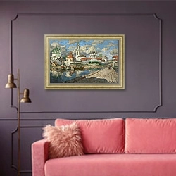 «Вид на старый город» в интерьере гостиной с розовым диваном