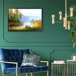 «Деревянная лодка на берегу» в интерьере в классическом стиле с зеленой стеной