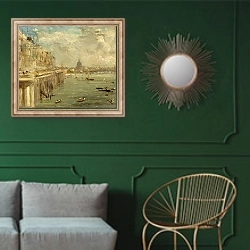 «Somerset House Terrace from Waterloo Bridge, c.1819» в интерьере классической гостиной с зеленой стеной над диваном