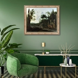«Люди в итальянском саду» в интерьере гостиной в зеленых тонах