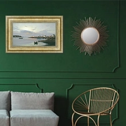 «Набережная Ангары в Иркутске. 1886» в интерьере классической гостиной с зеленой стеной над диваном