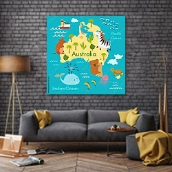 «Детская карта Австралии №2» в интерьере в стиле лофт над диваном