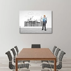 «Мужчина-архитектор» в интерьере конференц-зала над столом для переговоров