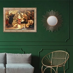 «The Brazen Serpent, c.1635-40» в интерьере классической гостиной с зеленой стеной над диваном