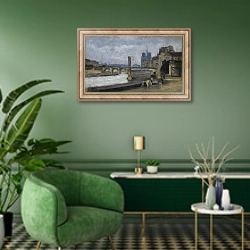 «The Pont de la Tournelle, Paris» в интерьере гостиной в зеленых тонах