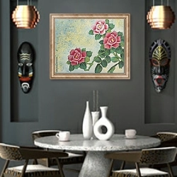 «Цветущий куст с тремя красными розами» в интерьере в этническом стиле над столом