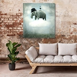 «Слон на облаке» в интерьере гостиной в стиле лофт над диваном