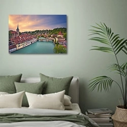 «Швейцария, Берн. Вид на город №3» в интерьере современной спальни в зеленых тонах