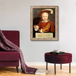 «Portrait of Edward VI as a child, c.1538» в интерьере гостиной в бордовых тонах
