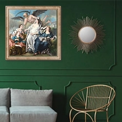 «Открытие правды» в интерьере классической гостиной с зеленой стеной над диваном