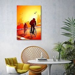 «Велосипедисты» в интерьере современной гостиной с желтым креслом