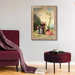 «The Florists, 1786» в интерьере гостиной в бордовых тонах