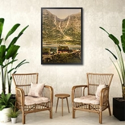 «Норвегия. Деревня Гудваген, вид на горы» в интерьере комнаты в стиле ретро с плетеными креслами
