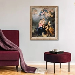 «The Holy Family or The Virgin of Seville» в интерьере гостиной в бордовых тонах