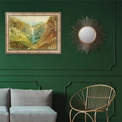 «Hardraw Fall, Yorkshire, c.1820» в интерьере классической гостиной с зеленой стеной над диваном
