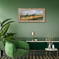 «A Race between Lallement Velocipedes, 1869» в интерьере гостиной в зеленых тонах