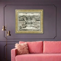 «Вид большого дворца в Петергофе» в интерьере гостиной с розовым диваном