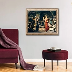 «Dance of the Handkerchiefs, 1849» в интерьере гостиной в бордовых тонах