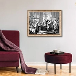 «Meeting of St. Augustine and the Donatists» в интерьере гостиной в бордовых тонах