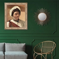 «Гадалка. Деталь: гадалка» в интерьере классической гостиной с зеленой стеной над диваном