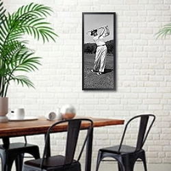 «История в черно-белых фото 882» в интерьере столовой в скандинавском стиле с кирпичной стеной