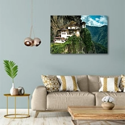 «Такцанг-лакханг, монастырь на скале, Бутан» в интерьере современной гостиной с голубыми стенами