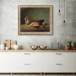 «Copper Cauldron with a Pitcher and a Slice of Salmon» в интерьере современной кухни над раковиной