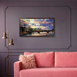 «Париж, Франция. Акварель» в интерьере гостиной с розовым диваном