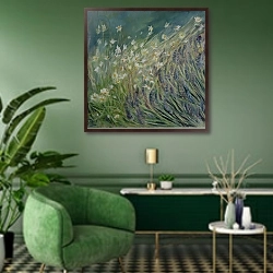 «Lavender and Daisies, 2010» в интерьере гостиной в зеленых тонах