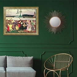 «The Fair, 1906» в интерьере классической гостиной с зеленой стеной над диваном