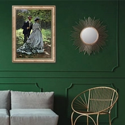 «The Promenaders, or Claude Monet Bazille and Camille, 1865» в интерьере классической гостиной с зеленой стеной над диваном