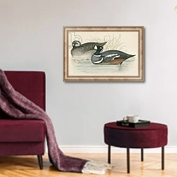 «Harlequin Duck» в интерьере гостиной в бордовых тонах