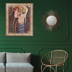 «Бетховенский фриз, стенная роспись в Доме Сецессиона (Вена), ныне Австрийской галерее. Фрагмент 2» в интерьере классической гостиной с зеленой стеной над диваном