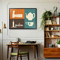 «Лондон, символы Англии 4» в интерьере кабинета в стиле ретро над столом