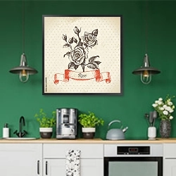 «Иллюстрация с розами» в интерьере кухни с зелеными стенами