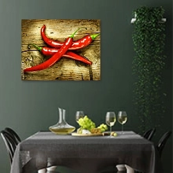 «Красный горячий перец чили на деревянном столе» в интерьере столовой в зеленых тонах