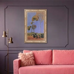 «Гуляющие» в интерьере гостиной с розовым диваном