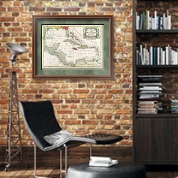 «New and accurate map of the West Indies» в интерьере кабинета в стиле лофт с кирпичными стенами