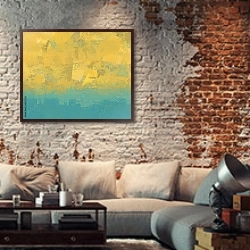 «Абстрактная картина #14» в интерьере гостиной в стиле лофт с кирпичной стеной