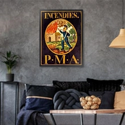 «Panonceau de compagnie assurances. Paris» в интерьере гостиной в стиле лофт в серых тонах