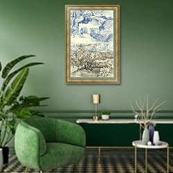 «Пейзаж с домами, 1890» в интерьере гостиной в зеленых тонах