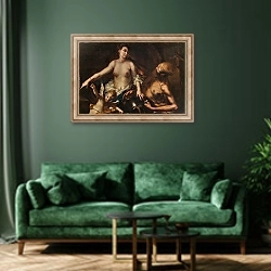 «Venus in Vulcan´s Forge with Cupid blindfolded» в интерьере зеленой гостиной над диваном