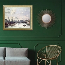«The Port of Trade, Le Havre, 1892» в интерьере классической гостиной с зеленой стеной над диваном