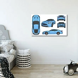 «Синий спортивный автомобиль с разных ракурсов» в интерьере детской комнаты для мальчика в светлых тонах
