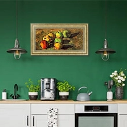 «Натюрморт с семью яблоками» в интерьере кухни с зелеными стенами