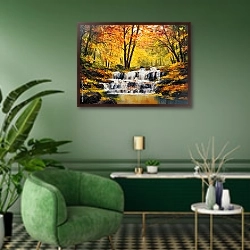«Водопад в осеннем лесу 2» в интерьере гостиной в зеленых тонах