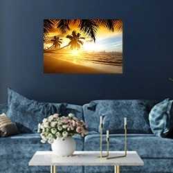 «Карибское море, пляж» в интерьере современной гостиной в синем цвете